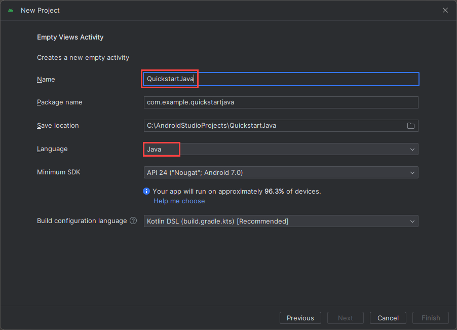 Android Studio'da Projeyi yapılandır penceresinin ekran görüntüsü.