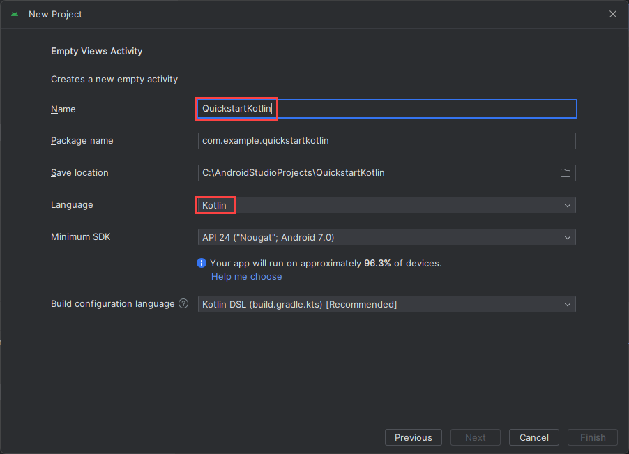 Android Studio'da Projeyi yapılandır penceresinin ekran görüntüsü.