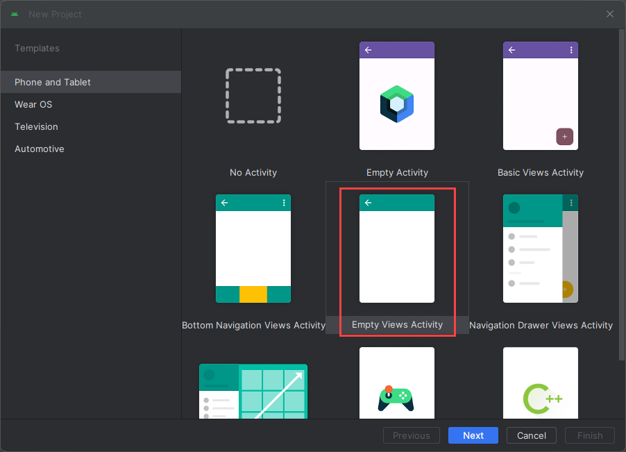 Android Studio'da Şablonlar penceresinin ekran görüntüsü.