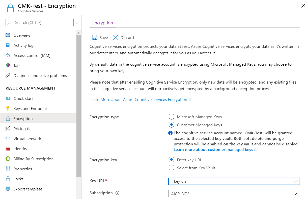 Azure AI hizmetleri kaynağının Şifreleme sayfasının ekran görüntüsü. Anahtar URI'sini girin seçeneği seçilidir ve Anahtar URI'si kutusu bir değer içerir.