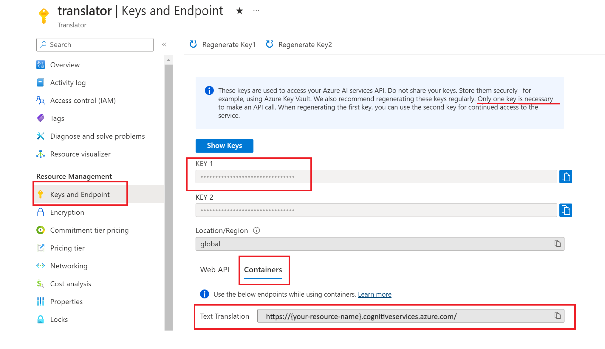 Azure portalı anahtarları ve uç nokta sayfasının ekran görüntüsü.