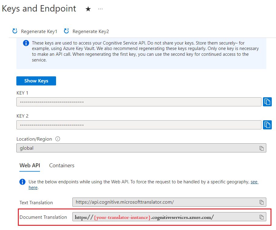 Azure portalında anahtarınızı alma alanını gösteren ekran görüntüsü.