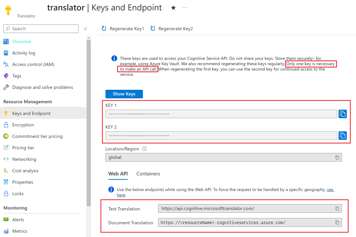 Translator kaynağının Anahtarlar ve Uç Nokta sayfasını gösteren Azure portalının ekran görüntüsü. Anahtarlar ve uç noktalar vurgulanır.