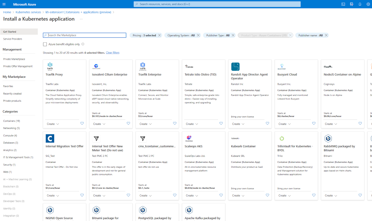 Azure portalında Kubernetes tekliflerinin ekran görüntüsü.