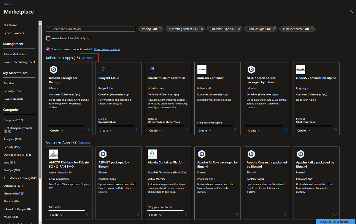 Azure portalında Azure Market K8s tekliflerinin ekran görüntüsü. 'Daha Fazlası' vurgulanmış.