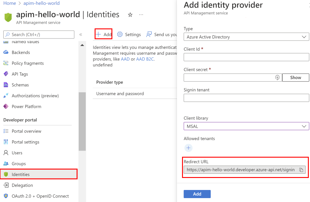 Azure portalında kimlik sağlayıcısı ekleme ekran görüntüsü.