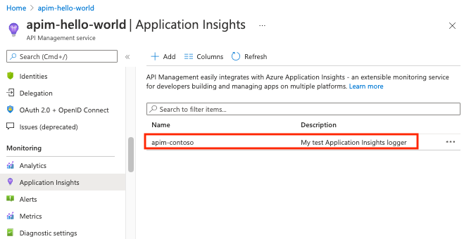 Yeni oluşturulan Application Insights günlükçüsunun nerede görüntülendiğini gösteren ekran görüntüsü.