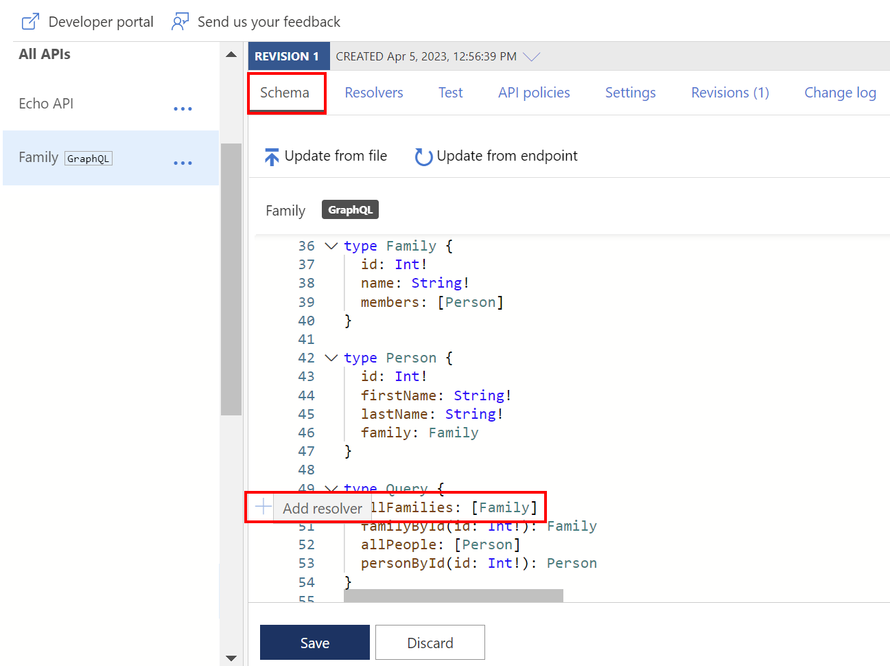 Portaldaki GraphQL şemasındaki bir alandan çözümleyici ekleme işleminin ekran görüntüsü.