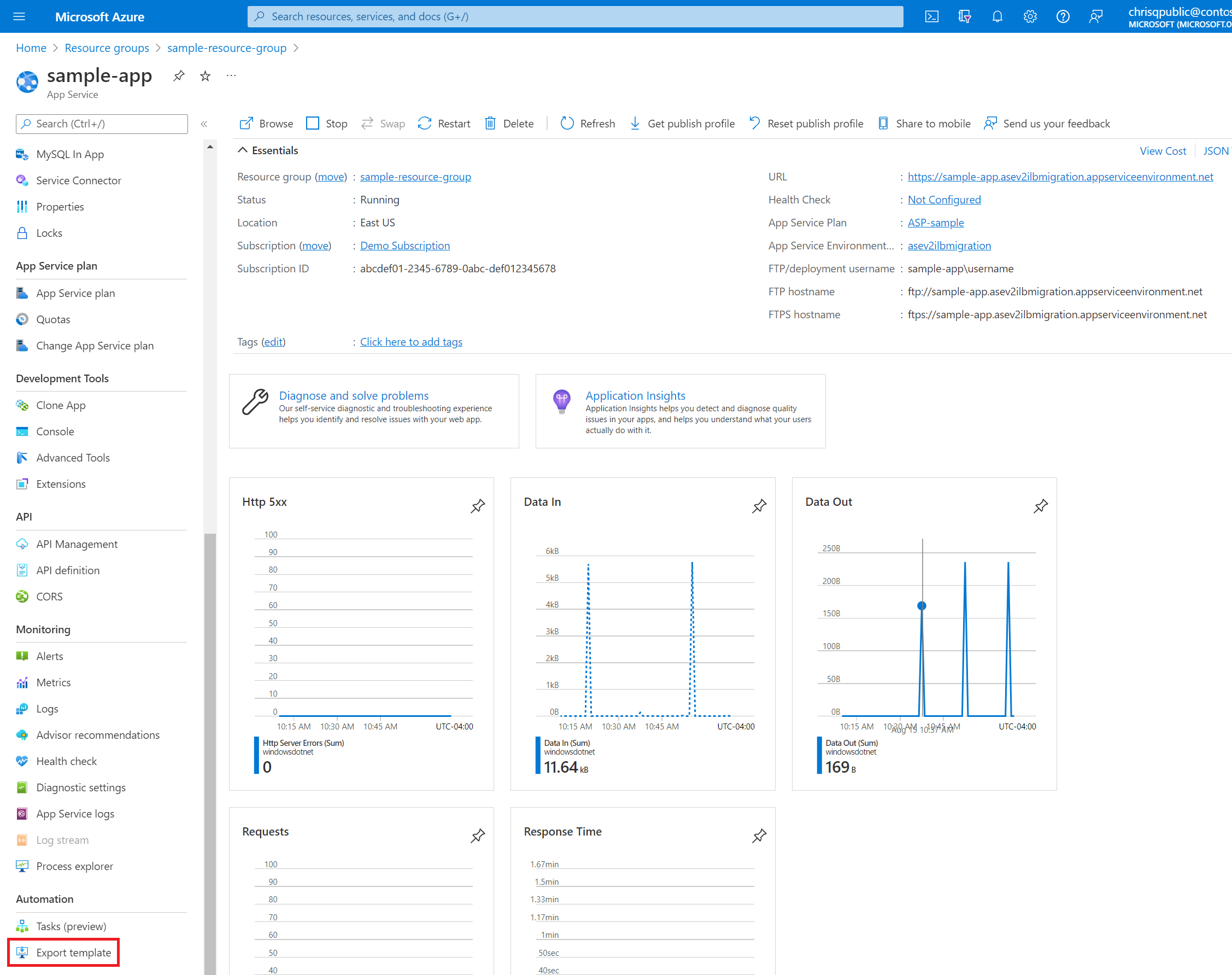 Azure portalının sol bölmesindeki bir şablonu dışarı aktarma seçeneğinin ekran görüntüsü.