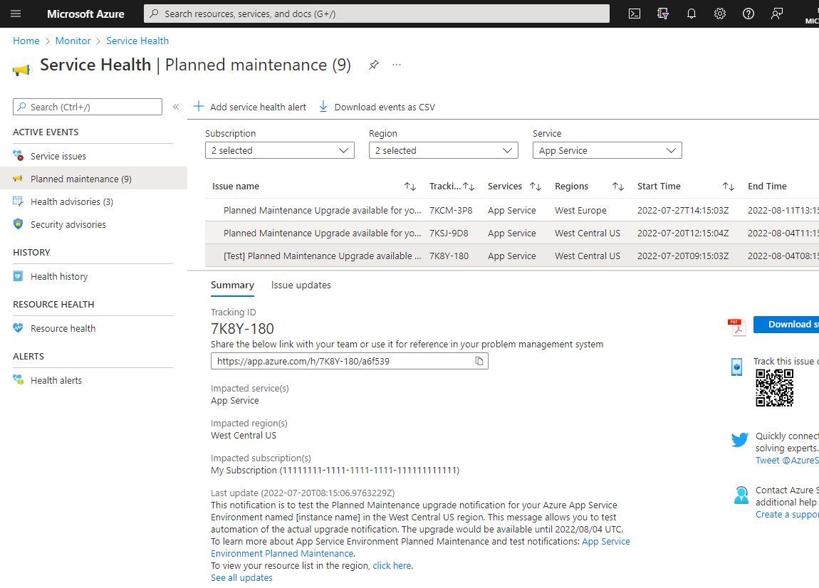 Azure portalındaki Hizmet Durumu panosunun ekran görüntüsü.