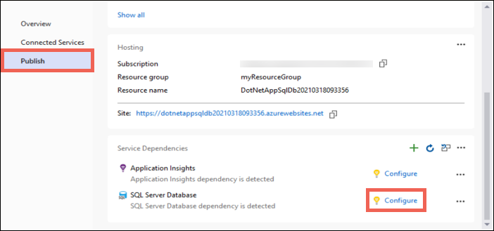 SQL Veritabanı bağımlılığını yapılandırma