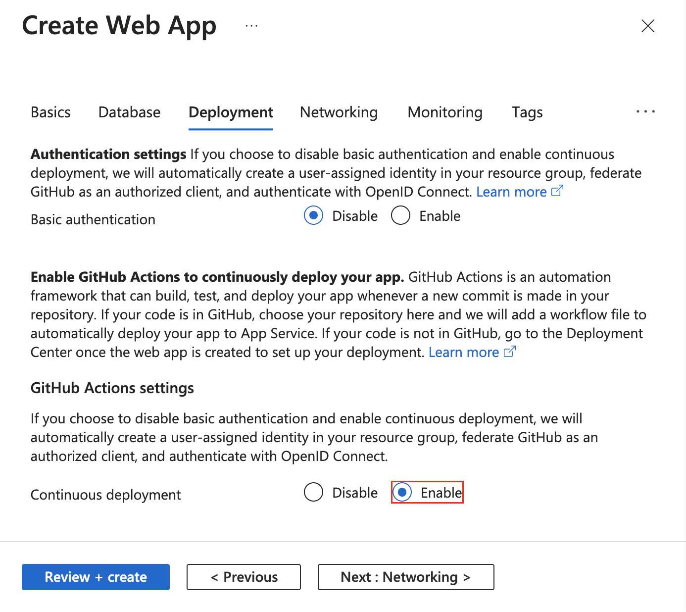 App Service oluşturma sihirbazında GitHub Actions dağıtımını etkinleştirmeyi gösteren ekran görüntüsü.