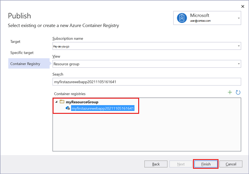 Mevcut Azure Container Registry'yi seçin ekranının ekran görüntüsü.