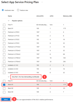 Azure portalında temel app service planını seçme işleminin ekran görüntüsü.