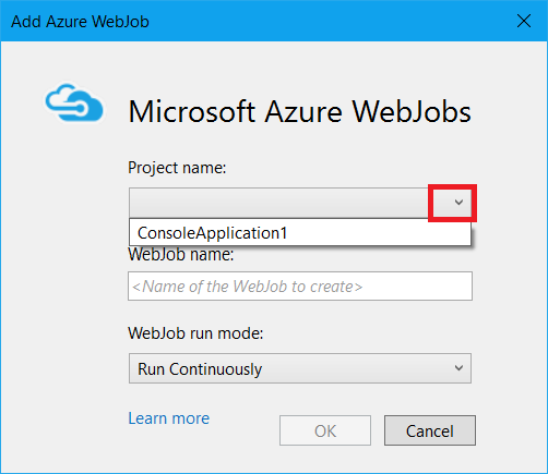 Azure Web İşi Ekle iletişim kutusunda proje seçme