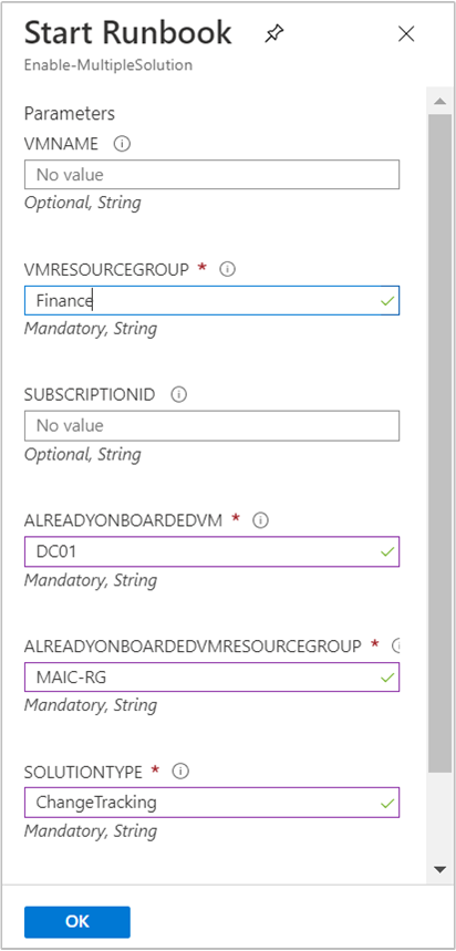 Enable-MultipleSolution runbook parametreleri