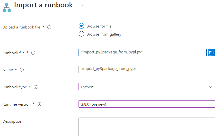 Python 3 runbook içeri aktarma sayfasını gösteren ekran görüntüsü.