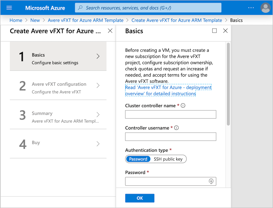 Dağıtım şablonunun ilk sayfasının gösterildiği Azure marketi