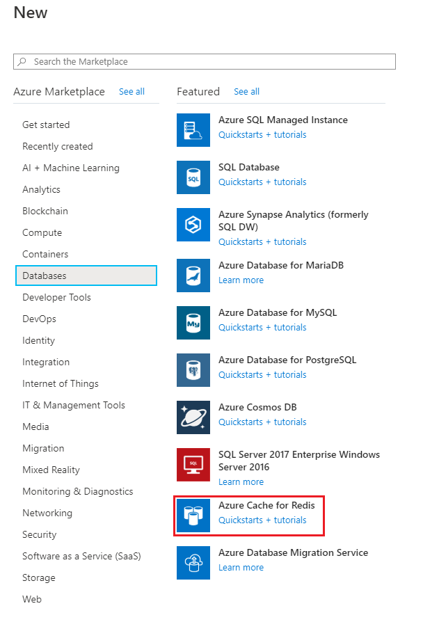 Yeni veritabanı türü olarak seçilen Redis için Azure Cache gösteren ekran görüntüsü.