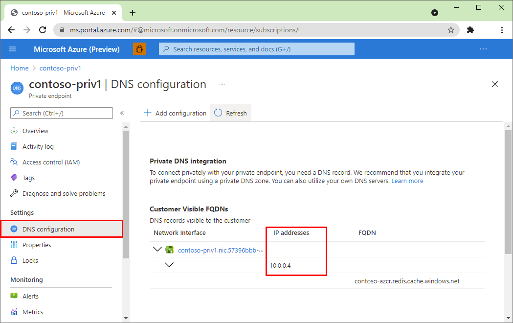 Azure portalında özel uç nokta D N S ayarları.