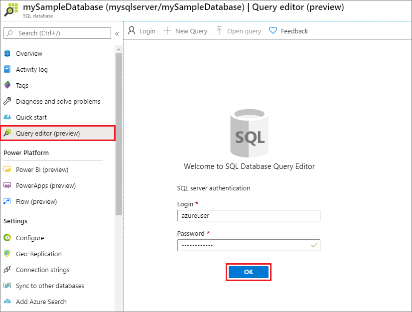 Azure portalında sorgu düzenleyicisinde oturum açma işleminin ekran görüntüsü.