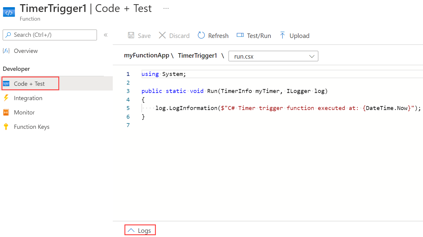 Azure portalında Zamanlayıcı tetikleyicisini test et sayfasının ekran görüntüsü.