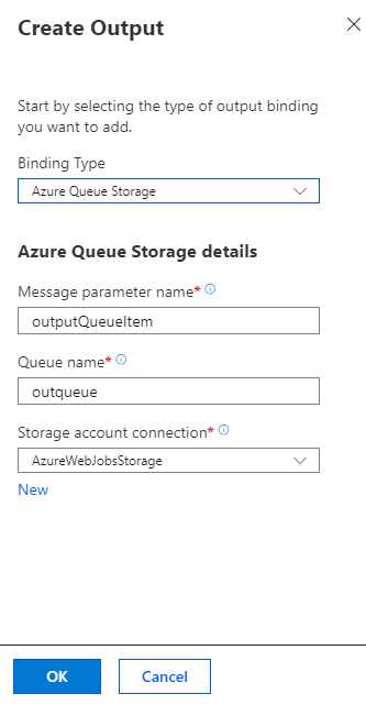 Azure portalındaki bir işleve Kuyruk Depolama çıkış bağlamasının nasıl ekleneceğini gösteren ekran görüntüsü.