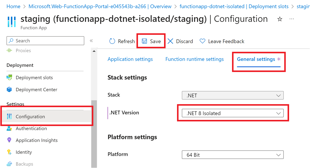 Azure portalında bir işlev uygulaması için istenen .NET sürümünü ayarlama işleminin ekran görüntüsü.