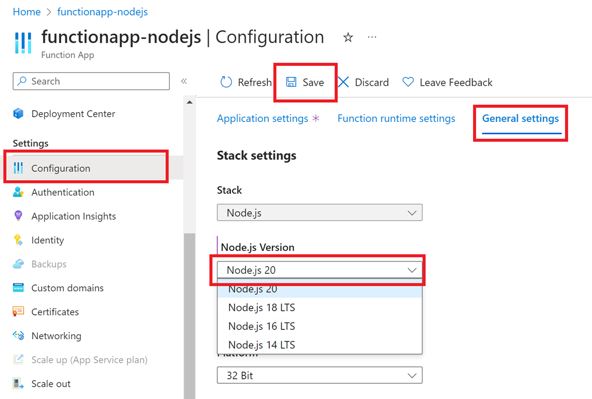 Azure portalında bir işlev uygulaması için istenen Node.js sürümünü ayarlama işleminin ekran görüntüsü.