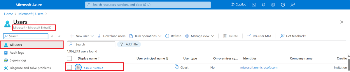 Azure portalı Tüm kullanıcılar sayfasını gösteren ekran görüntüsü. Bir kullanıcı hakkındaki bilgiler görünür ancak şifrelenemez.