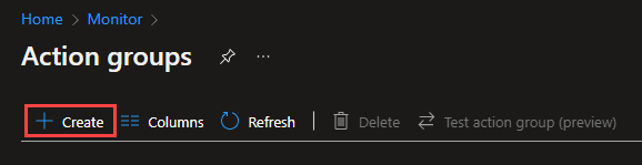 Azure portalında Eylem grupları sayfasını gösteren ekran görüntüsü. Oluştur düğmesi çağrılır.