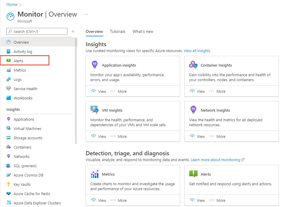 Azure İzleyici menüsünde Uyarıları gösteren ekran görüntüsü. 