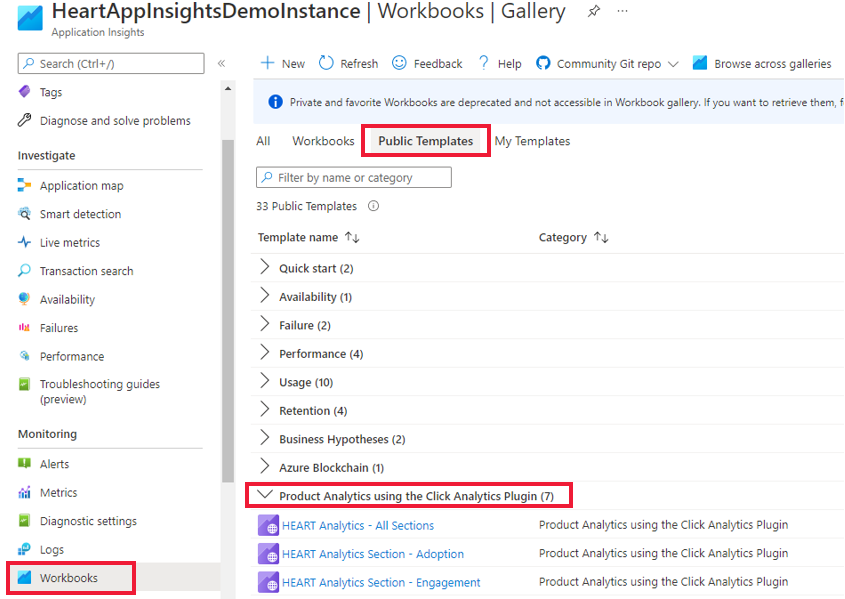 Azure Uygulaması lication Insights'ta HEART çalışma kitaplarının konumunu gösteren ekran görüntüsü.