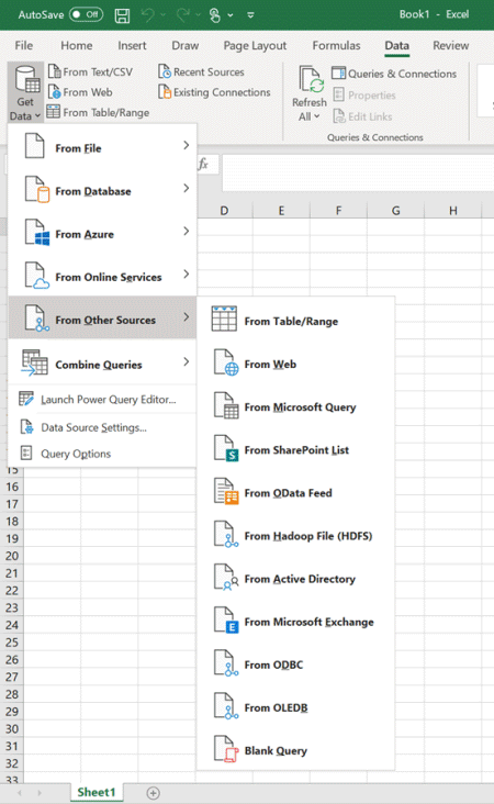 Excel'de boştan içeri aktarma seçeneği