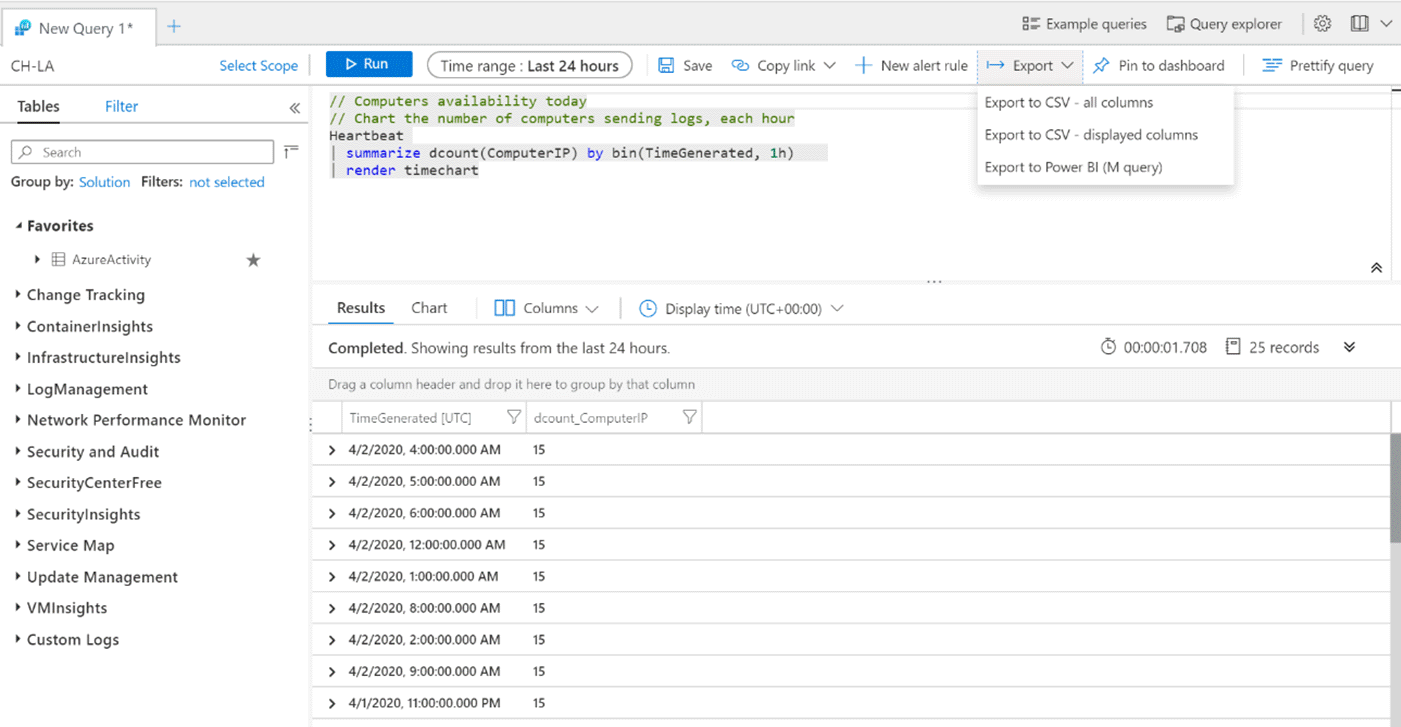 Veri ve dışarı aktarma seçeneğini içeren Log Analytics sorgusunun ekran görüntüsü.