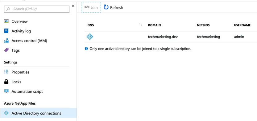 Başarıyla oluşturulan bir bağlantıyı gösteren Active Directory bağlantıları menüsünün ekran görüntüsü.