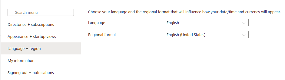 Dil + bölge ayarları bölmesini gösteren ekran görüntüsü.