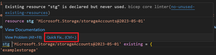 Kullanılmayan mevcut kaynak yok linter kuralı hızlı düzeltmesinin ekran görüntüsü.