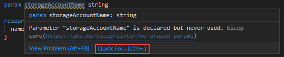 Kullanılmayan parametre yok linter kuralı hızlı düzeltmesinin ekran görüntüsü.