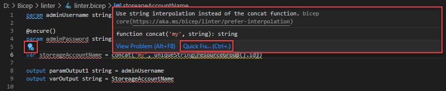 Visual Studio Code'da bicep linter kullanımı - hızlı düzeltmeyi göster.