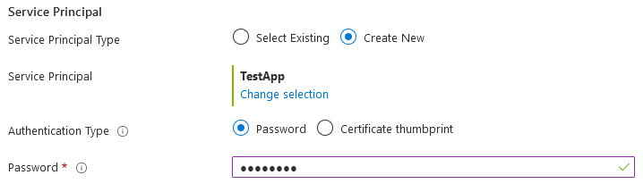 Yeni bir uygulama kaydettikten sonra Microsoft.Common.ServicePrincipalSelector kimlik doğrulama seçeneklerinin ekran görüntüsü.