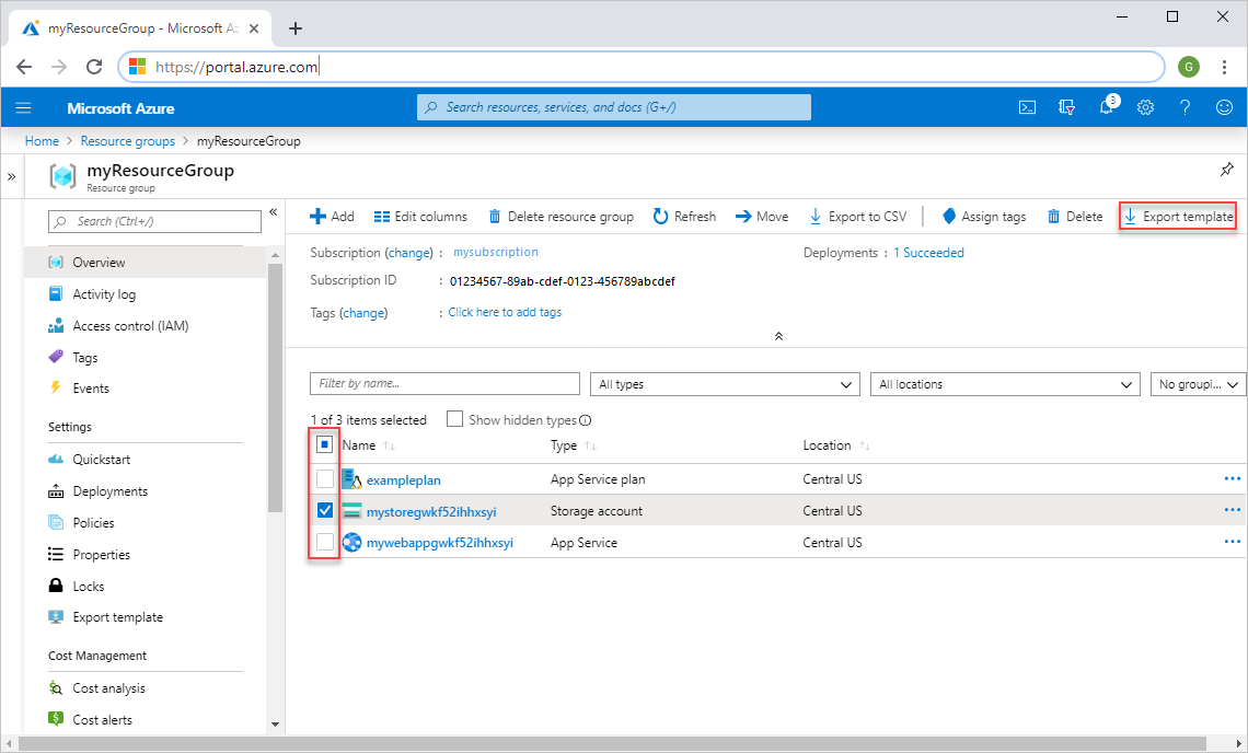 Azure portalında dışarı aktarma için tüm kaynakları seçme işleminin ekran görüntüsü.