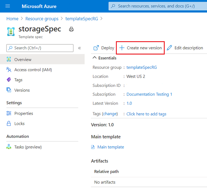Screenshot of 'Create new version' button in Template spec details.