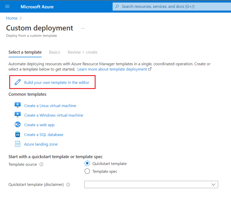 Azure portal'da kendi şablonunuzu oluşturma seçeneğinin ekran görüntüsü.