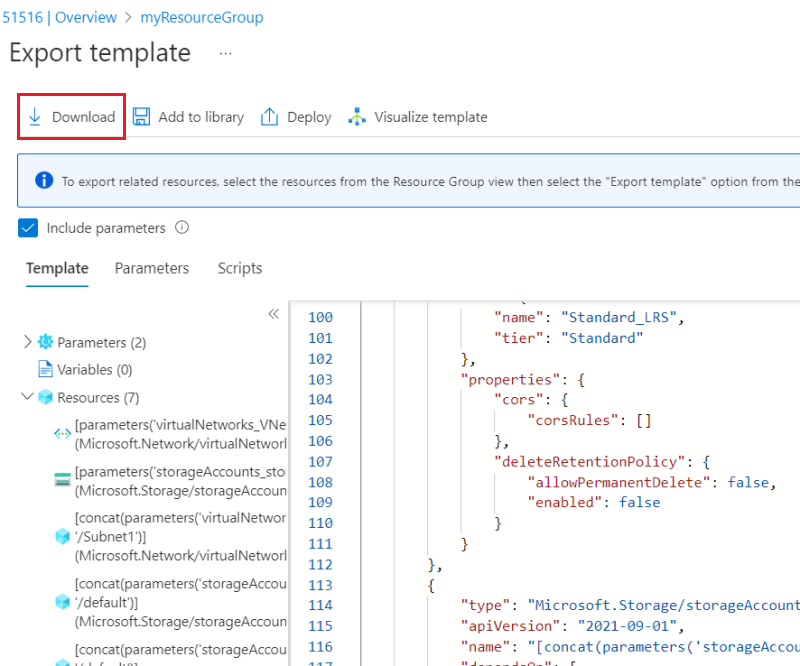 Azure portal'da dışarı aktarılan ARM şablonu için indirme düğmesinin ekran görüntüsü.