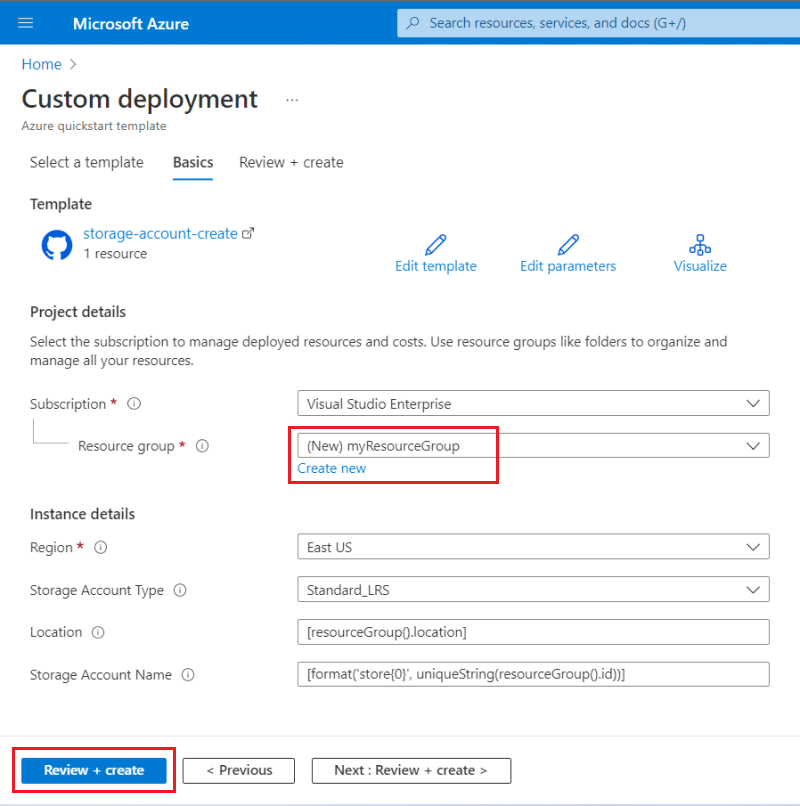 Azure portal'da özel şablon için giriş alanlarının ekran görüntüsü.