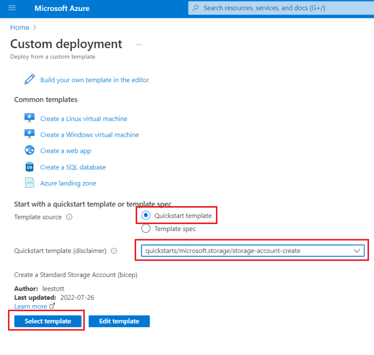 Azure portal'da Hızlı Başlangıç Şablonu seçme işleminin ekran görüntüsü.