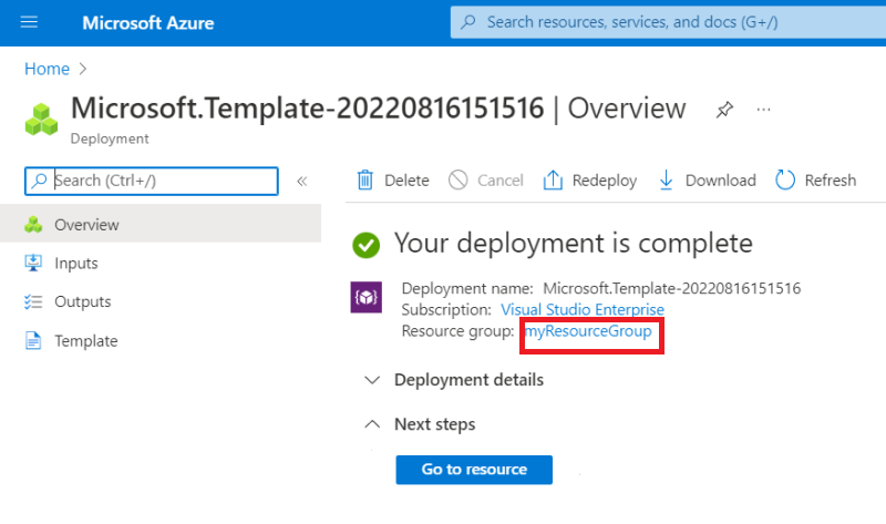 Azure portal'da ikinci dağıtım sayfasını görüntüleme ekran görüntüsü.