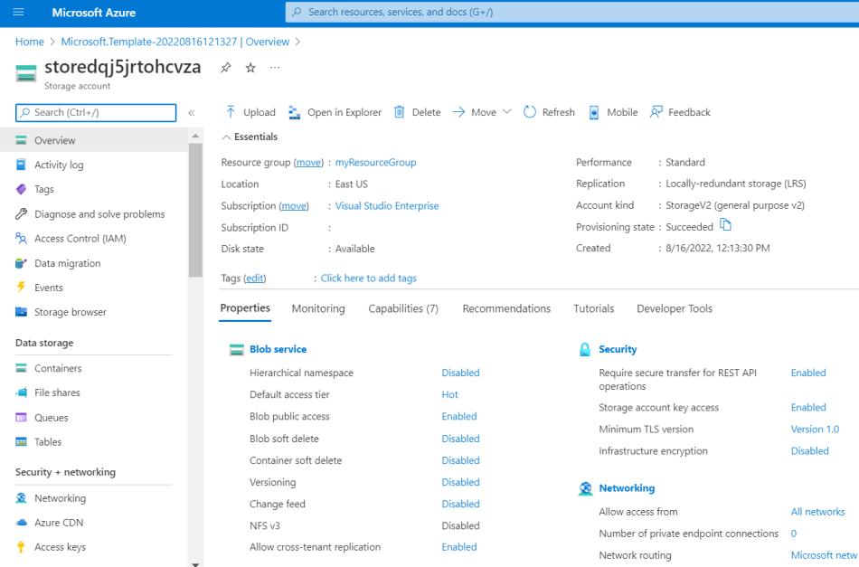 Azure portal depolama hesabıyla dağıtım sayfasını görüntüleme ekran görüntüsü.