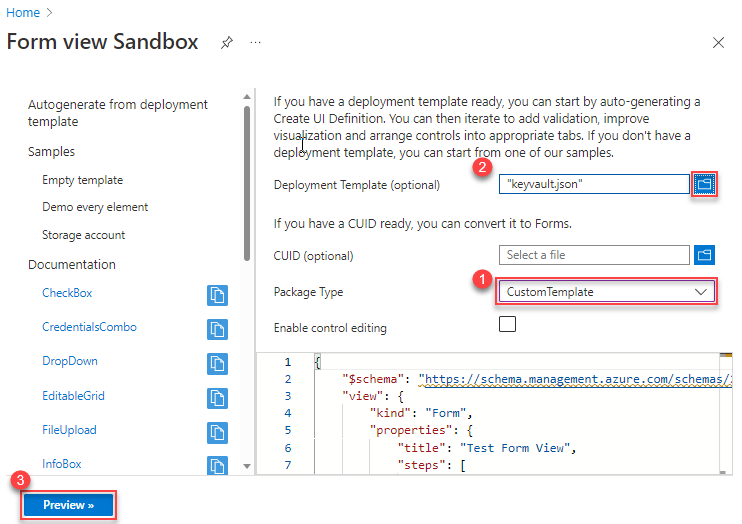 Azure portal form görünümü korumalı alan arabiriminin ekran görüntüsü.